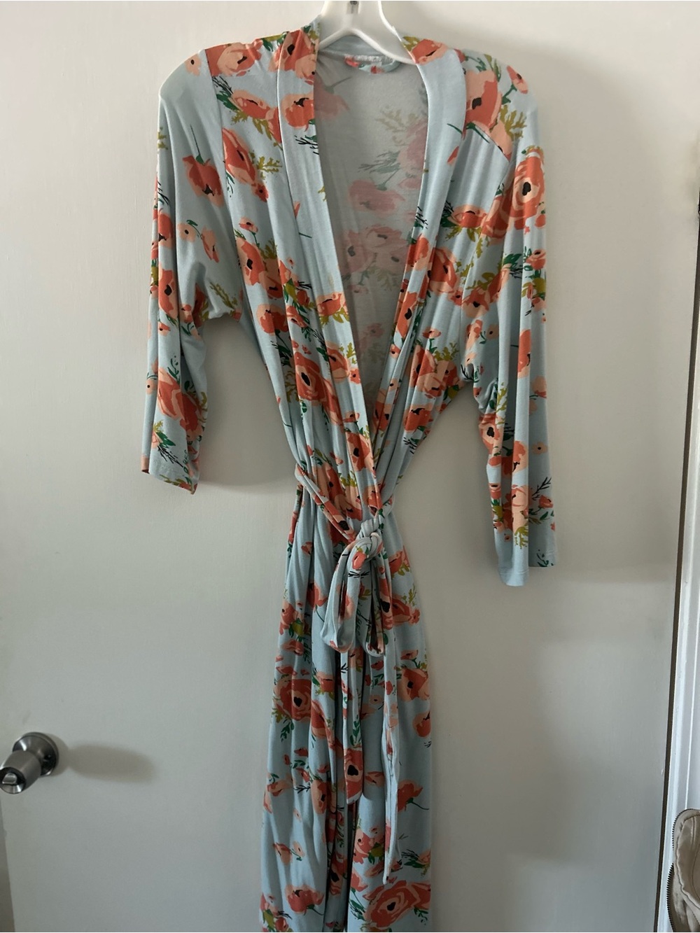 Light Blue Floral Tie-Waist Robe with Coral Print